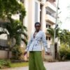 Charly wrap top with long cuffed bishop sleeves, made from hand block printed cotton. Versatile design with a detachable belt, tied around the front. 100% cotton, handmade in Kenya.